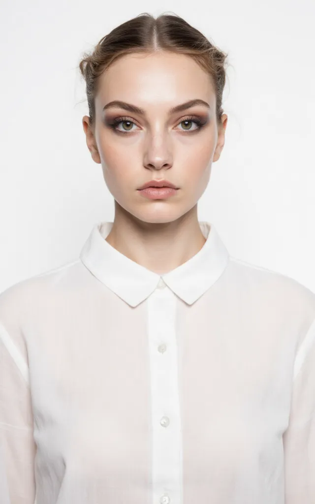 A French female model with an Avant   garde makeup style, wearing a shirt, against a white background, in a front   facing bust portrait